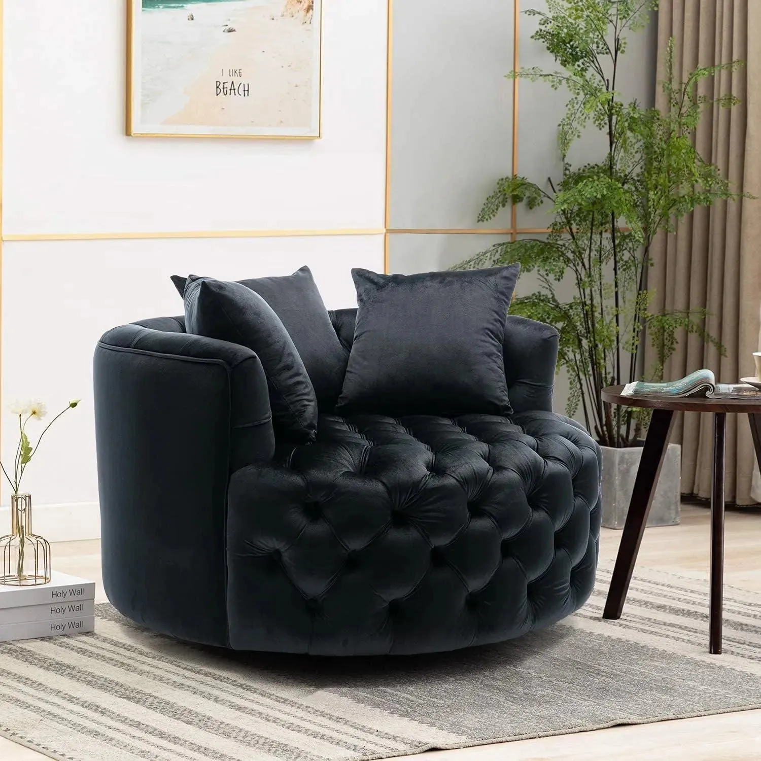 Wooden Twist Barrel Button Tufted Design Modern Round Sofa Cuddle Chair For Living Room with 3 Pillows
