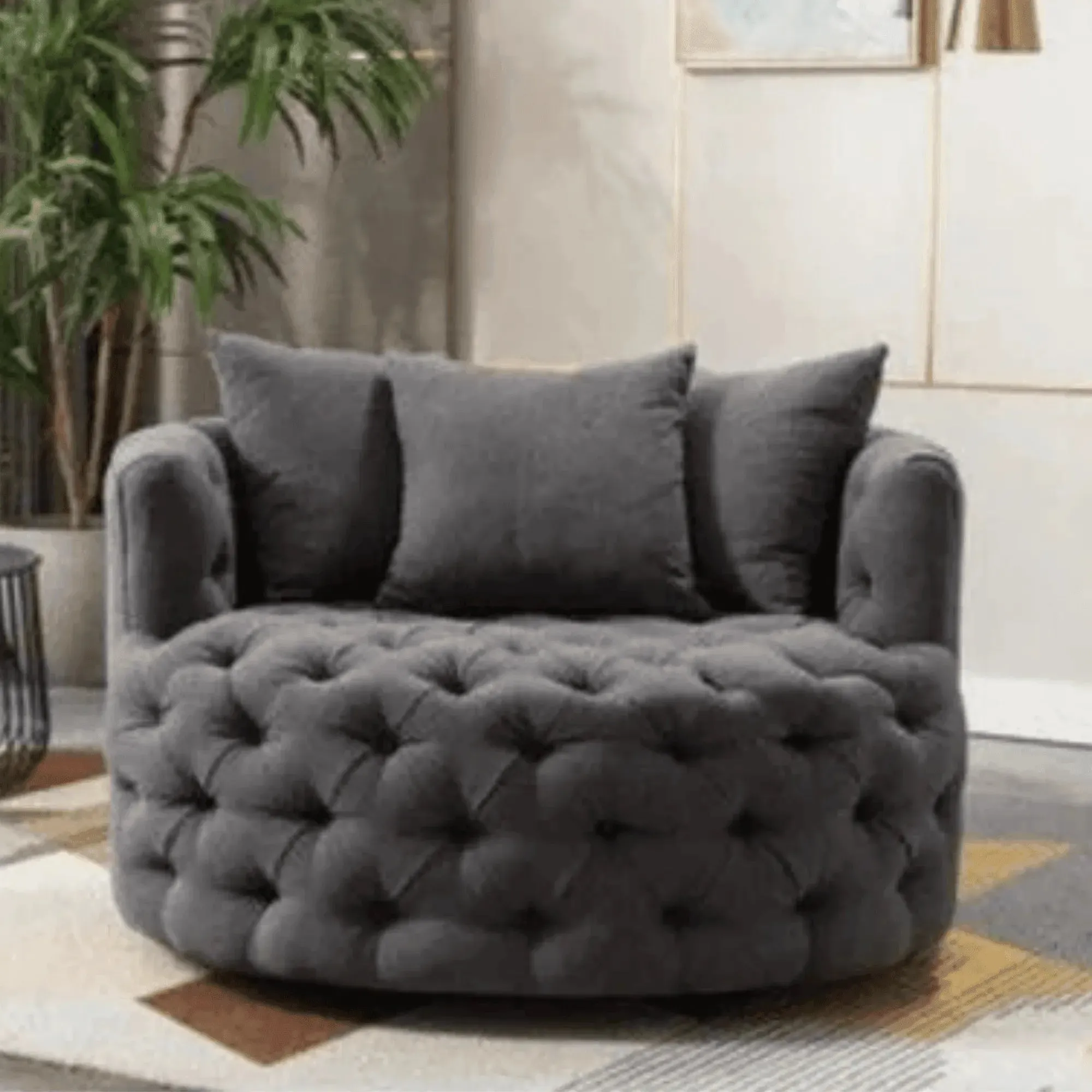 Wooden Twist Barrel Button Tufted Design Modern Round Sofa Cuddle Chair For Living Room with 3 Pillows