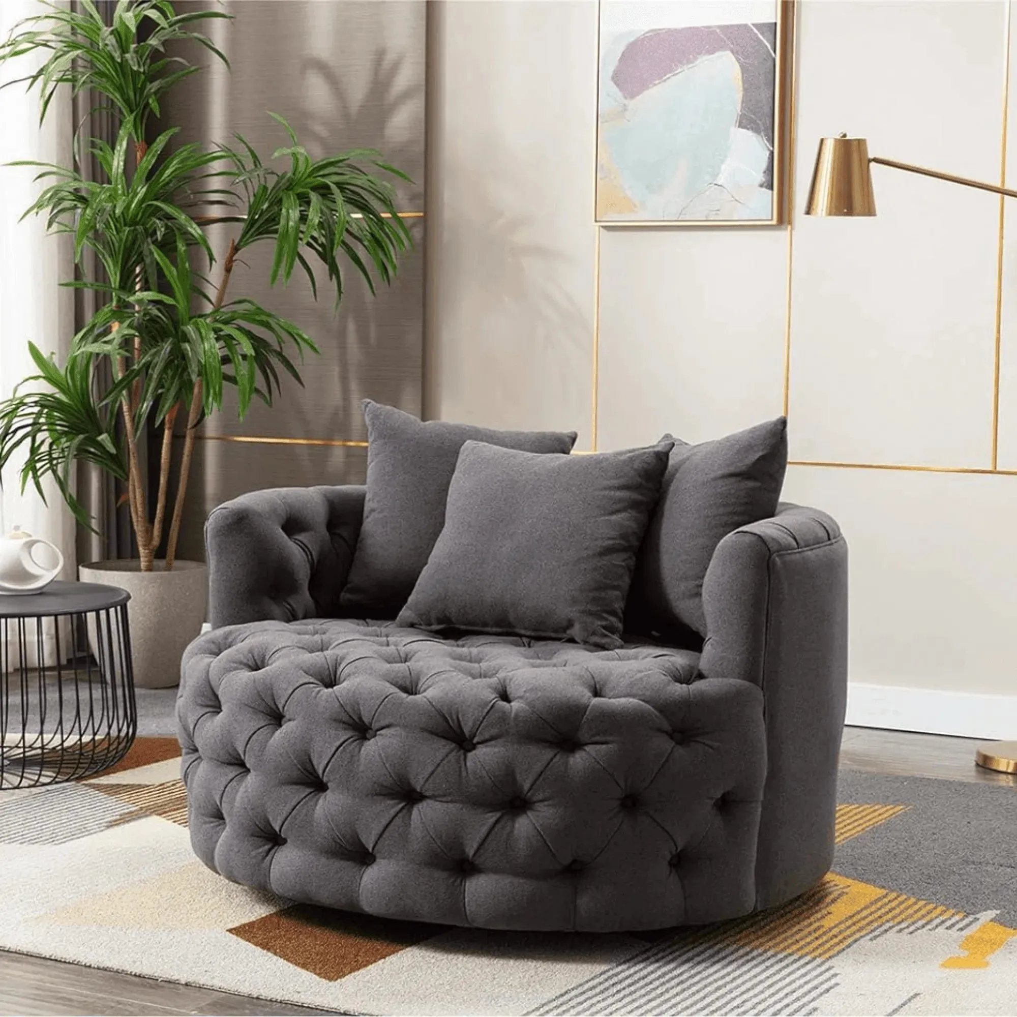 Wooden Twist Barrel Button Tufted Design Modern Round Sofa Cuddle Chair For Living Room with 3 Pillows