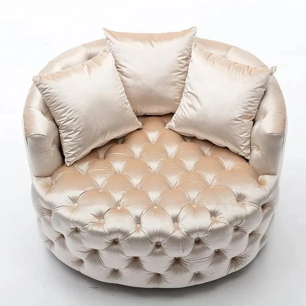 Wooden Twist Barrel Button Tufted Design Modern Round Sofa Cuddle Chair For Living Room with 3 Pillows