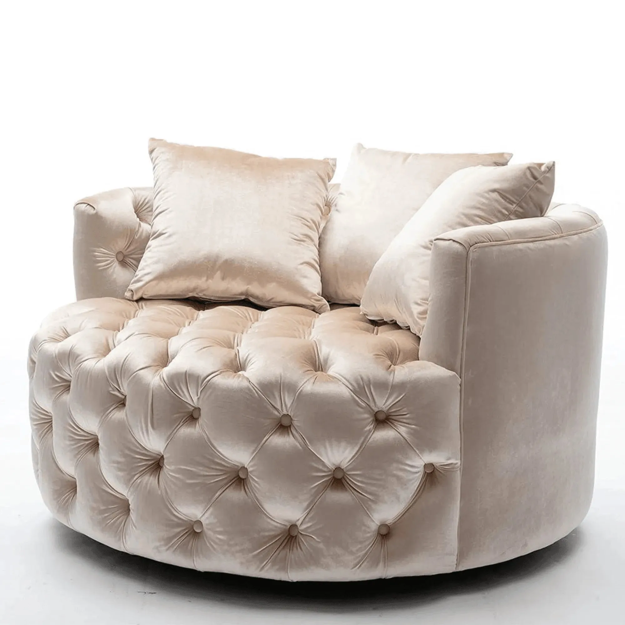 Wooden Twist Barrel Button Tufted Design Modern Round Sofa Cuddle Chair For Living Room with 3 Pillows