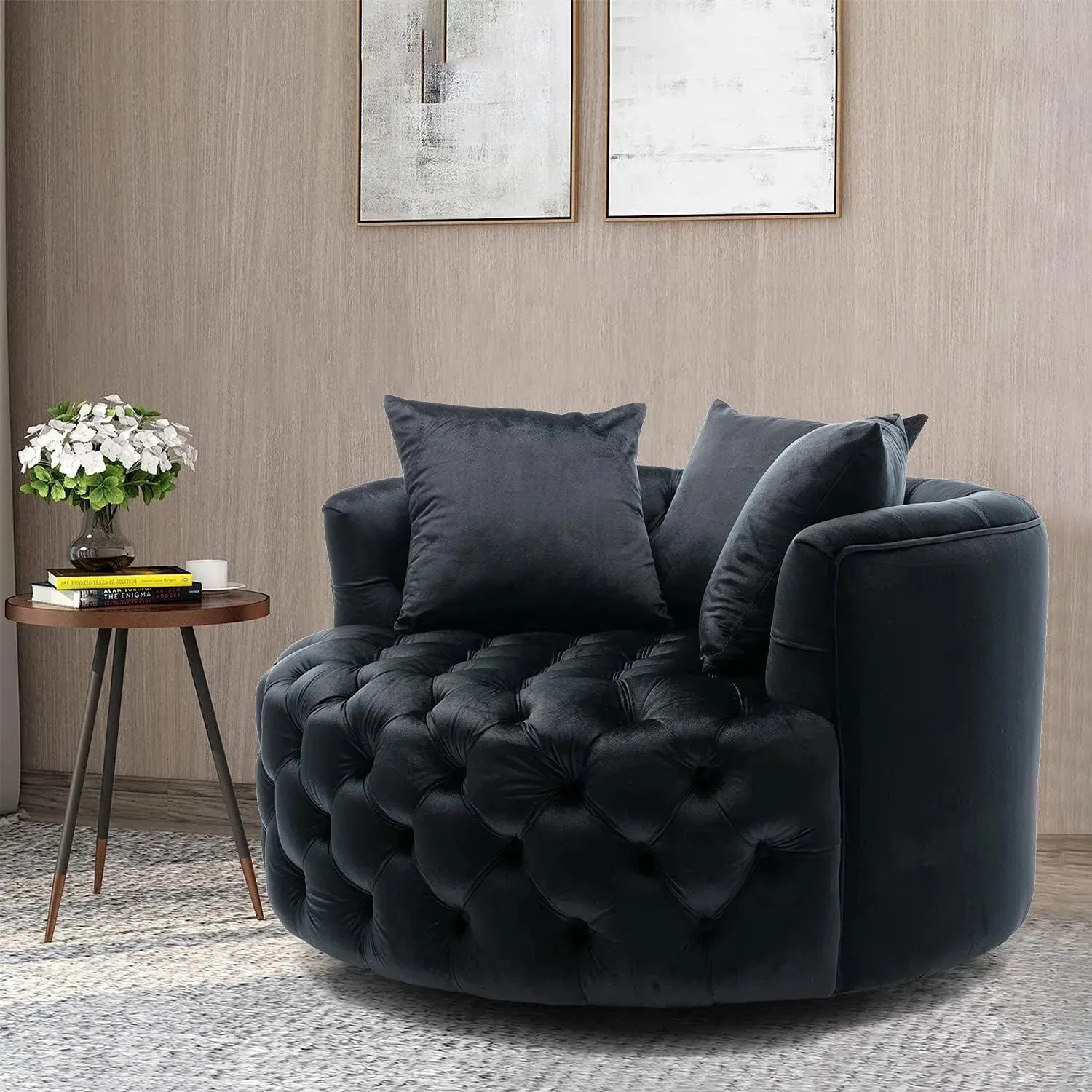 Wooden Twist Barrel Button Tufted Design Modern Round Sofa Cuddle Chair For Living Room with 3 Pillows